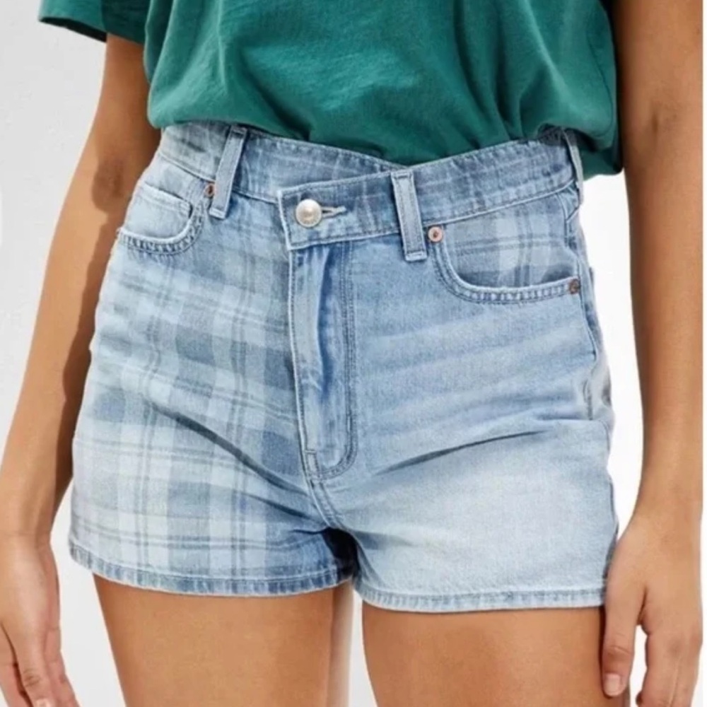 American Eagle Outfitters Patchwork Plaid Crossover Waist Highest Rise Mom Short